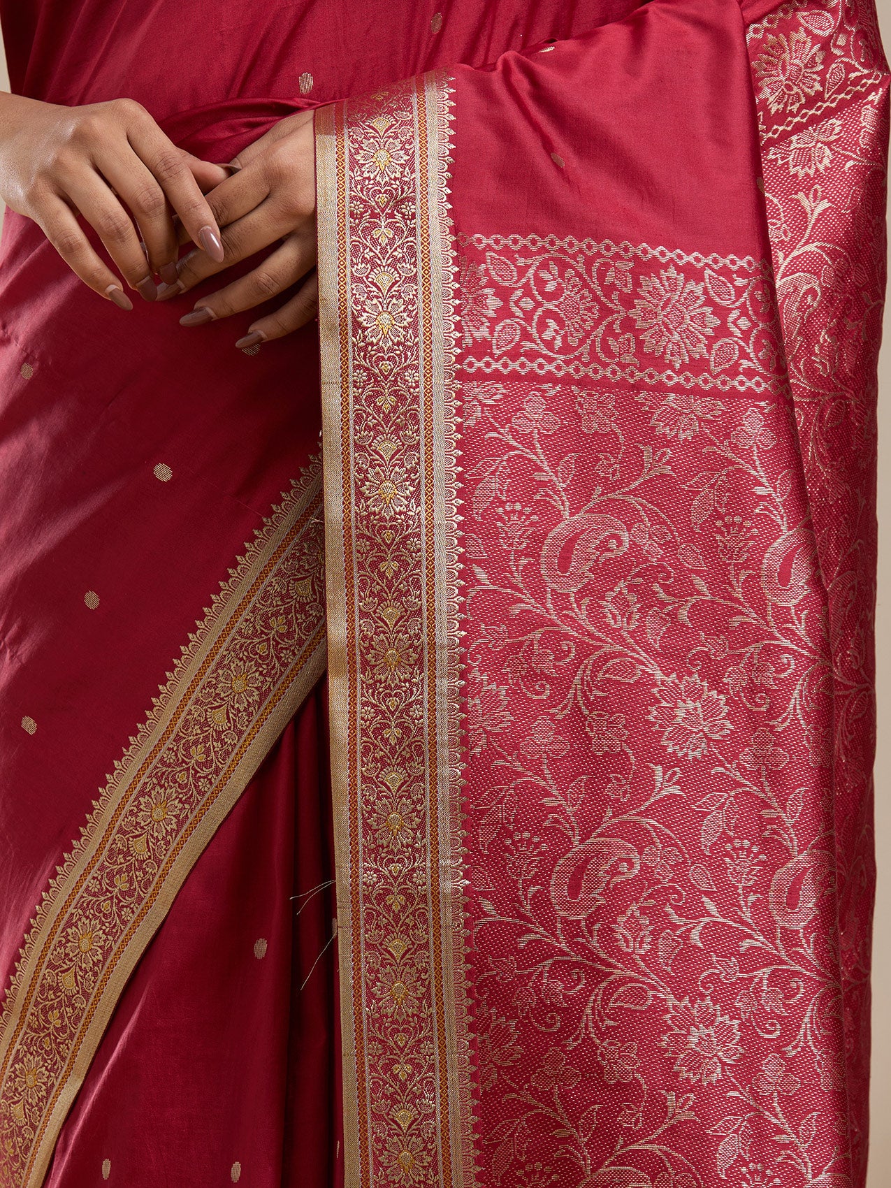 Vervee Couture Red Silk Blend Zari Saree with Semi Stitched Blouse | EKA