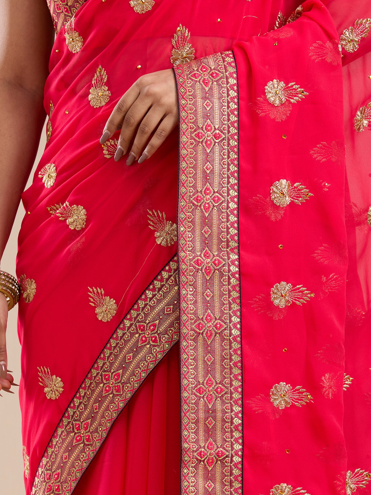 Vervee Couture Red Poly Georgette Saree with Zari Butta Border | EKA