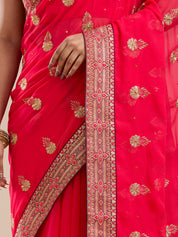 Vervee Couture Red Poly Georgette Saree with Zari Butta Border | EKA