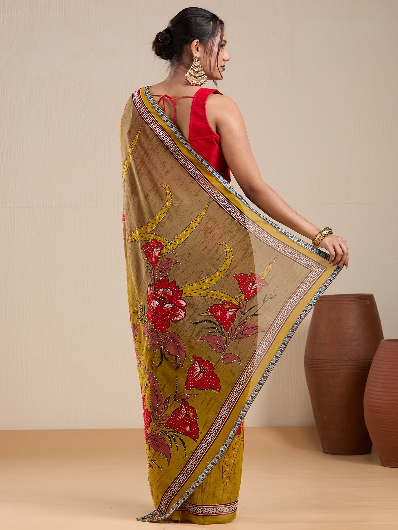 Vervee Couture Mustard Brown Floral Poly Georgette Saree | EKA