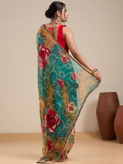 Vervee Couture Teal Red Floral Poly Georgette Saree | EKA