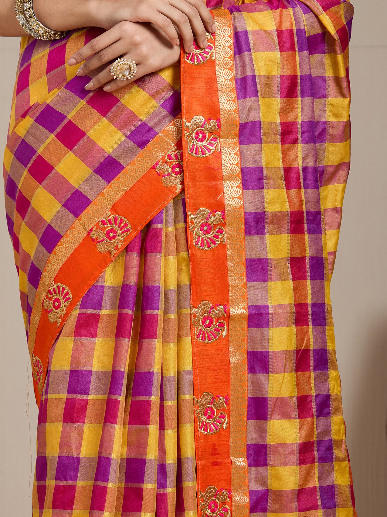Vervee Couture Yellow Pink Checked Silk Blend Saree with Zari Border | EKA