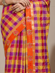 Vervee Couture Yellow Pink Checked Silk Blend Saree with Zari Border | EKA