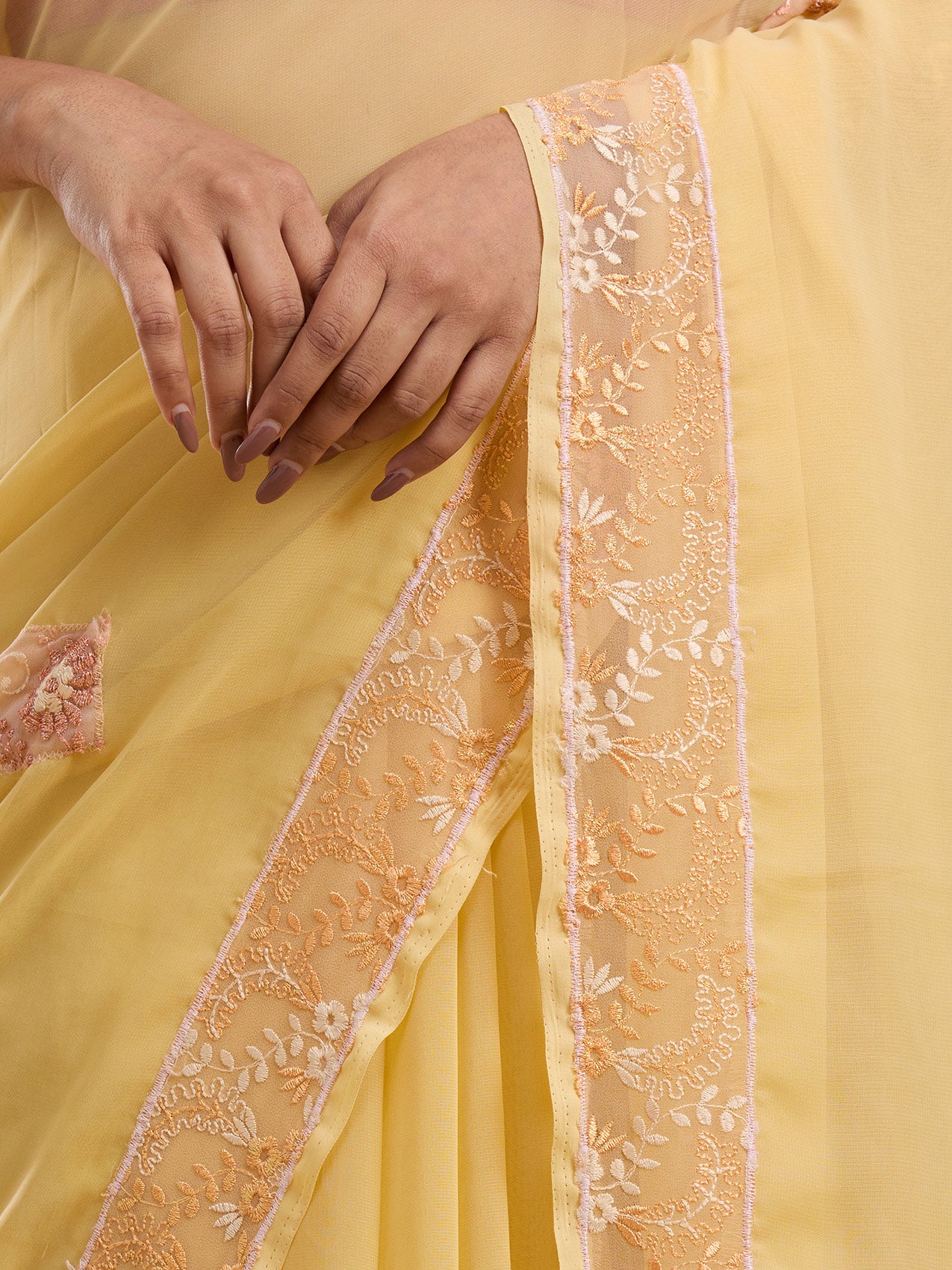 Vervee Couture Yellow Poly Georgette Embellished Saree with Semi Stitched Blouse | EKA