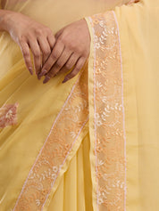 Vervee Couture Yellow Poly Georgette Embellished Saree with Semi Stitched Blouse | EKA