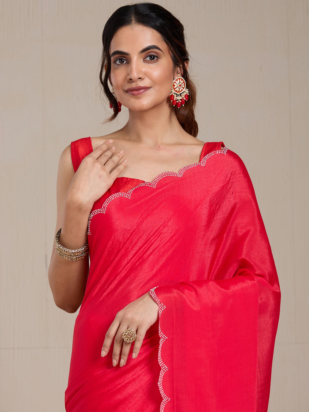 Vervee Couture Red Solid Poly Georgette Saree with Scalloped Border | EKA