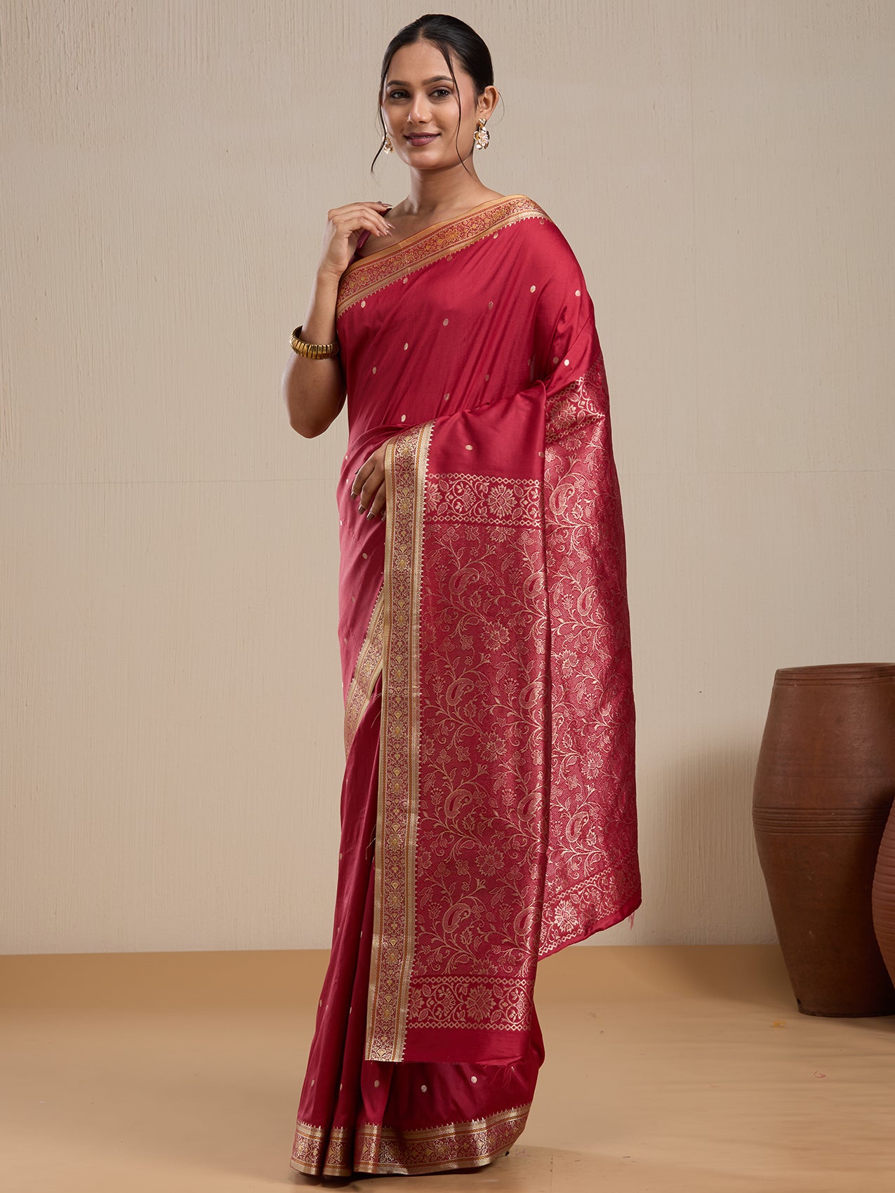 Vervee Couture Red Silk Blend Zari Saree with Semi Stitched Blouse | EKA