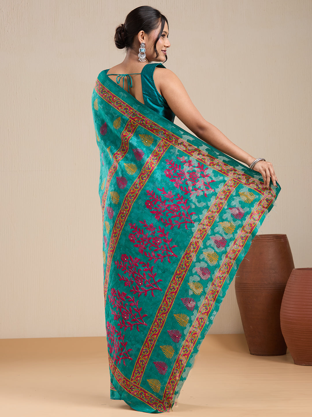 Vervee Couture Teal Pink Printed Poly Georgette Saree with Semi Stitched Blouse | EKA