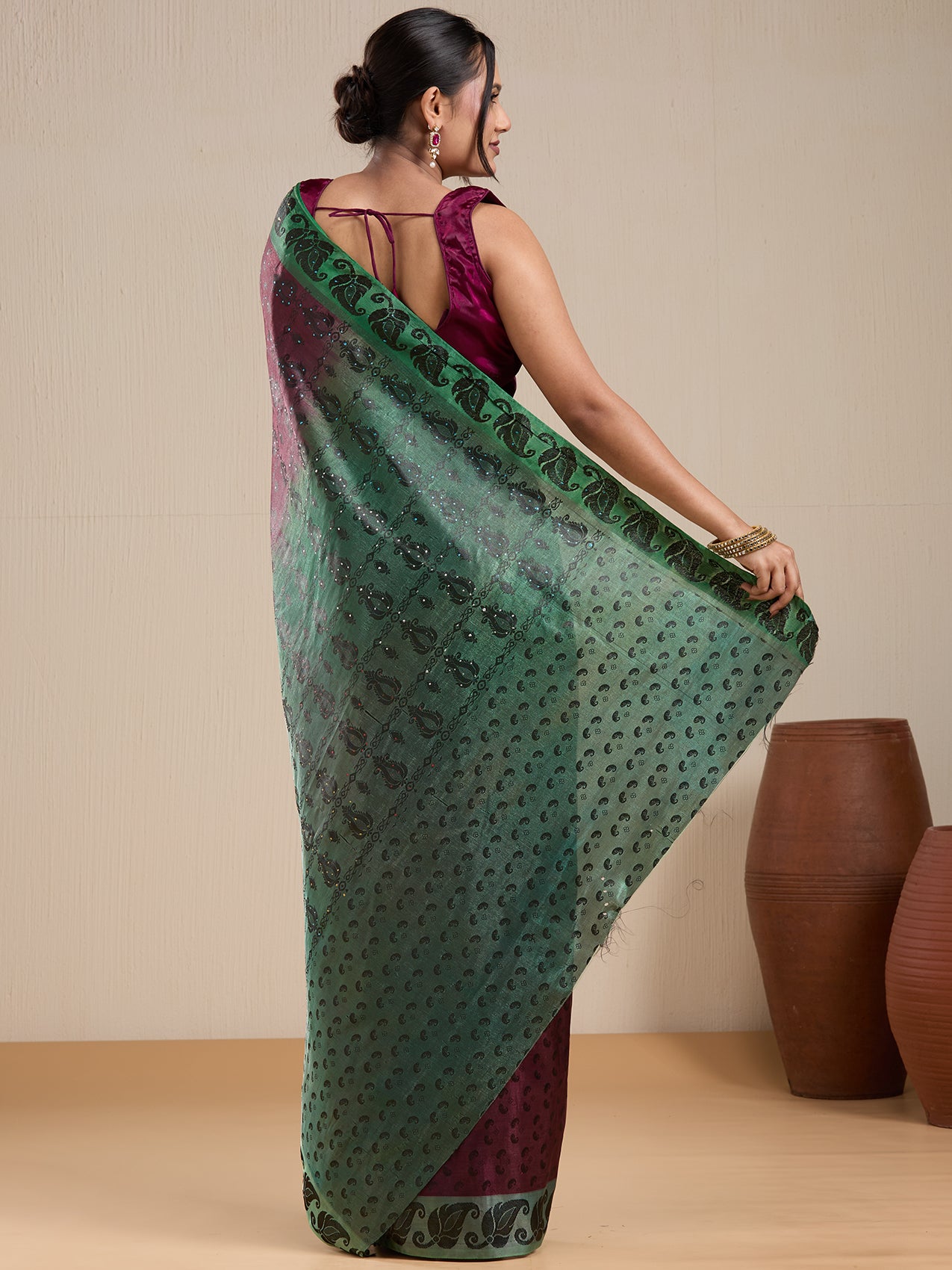 Vervee Couture Green Banarasi Silk Blend Saree with Zari Border and Semi Stitched Blouse | EKA