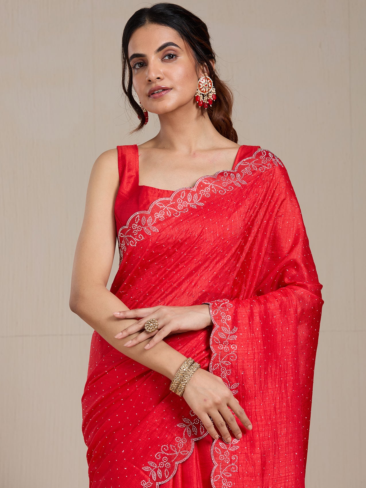 Vervee Couture Red Poly Georgette Embellished Saree | EKA