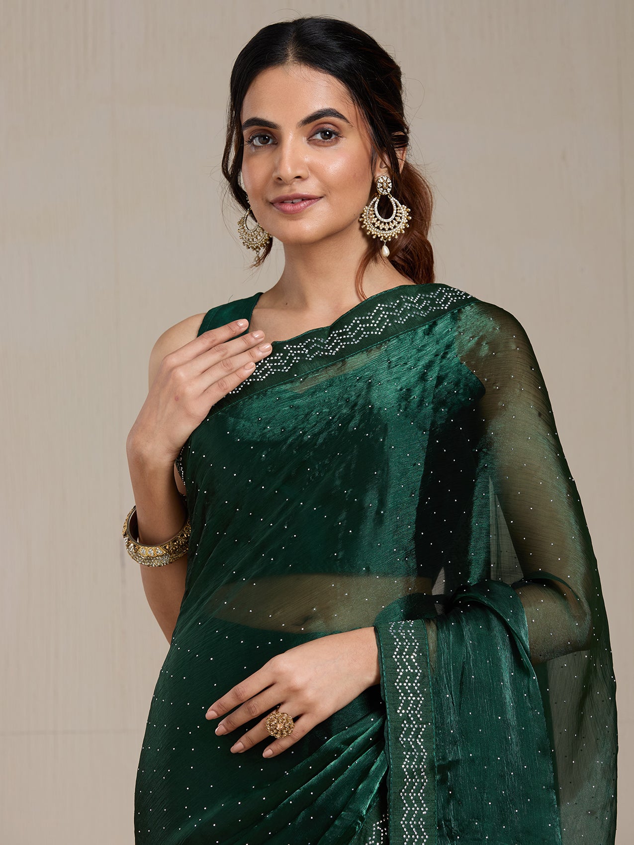 Vervee Couture Green Embellished Poly Georgette Saree with Sequinned Border | EKA