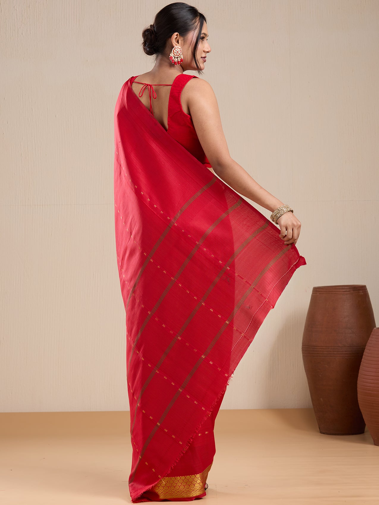 Vervee Couture Red Silk Blend Saree with Zari Border | EKA