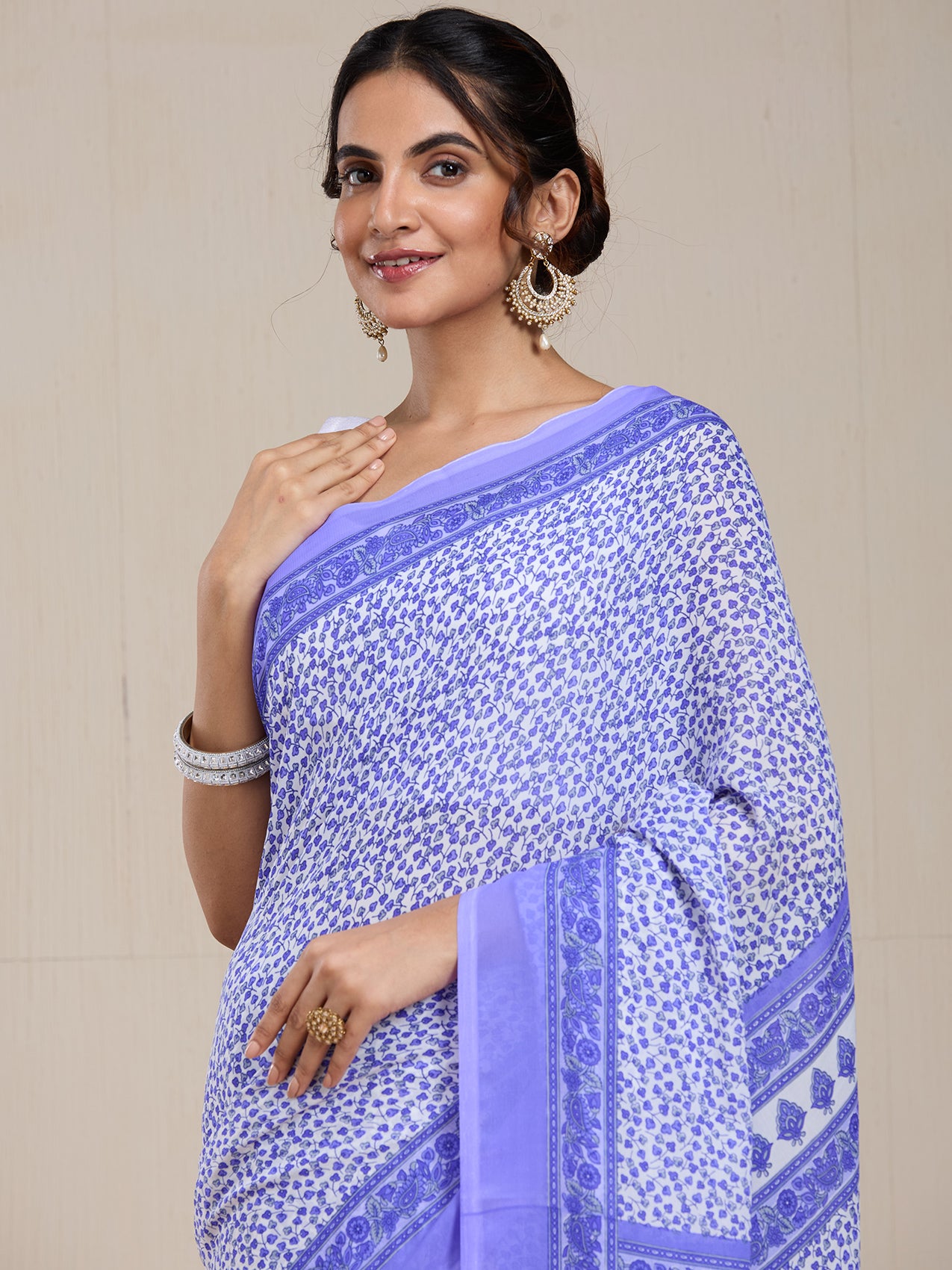 Vervee Couture Lavender White Floral Poly Georgette Saree | EKA