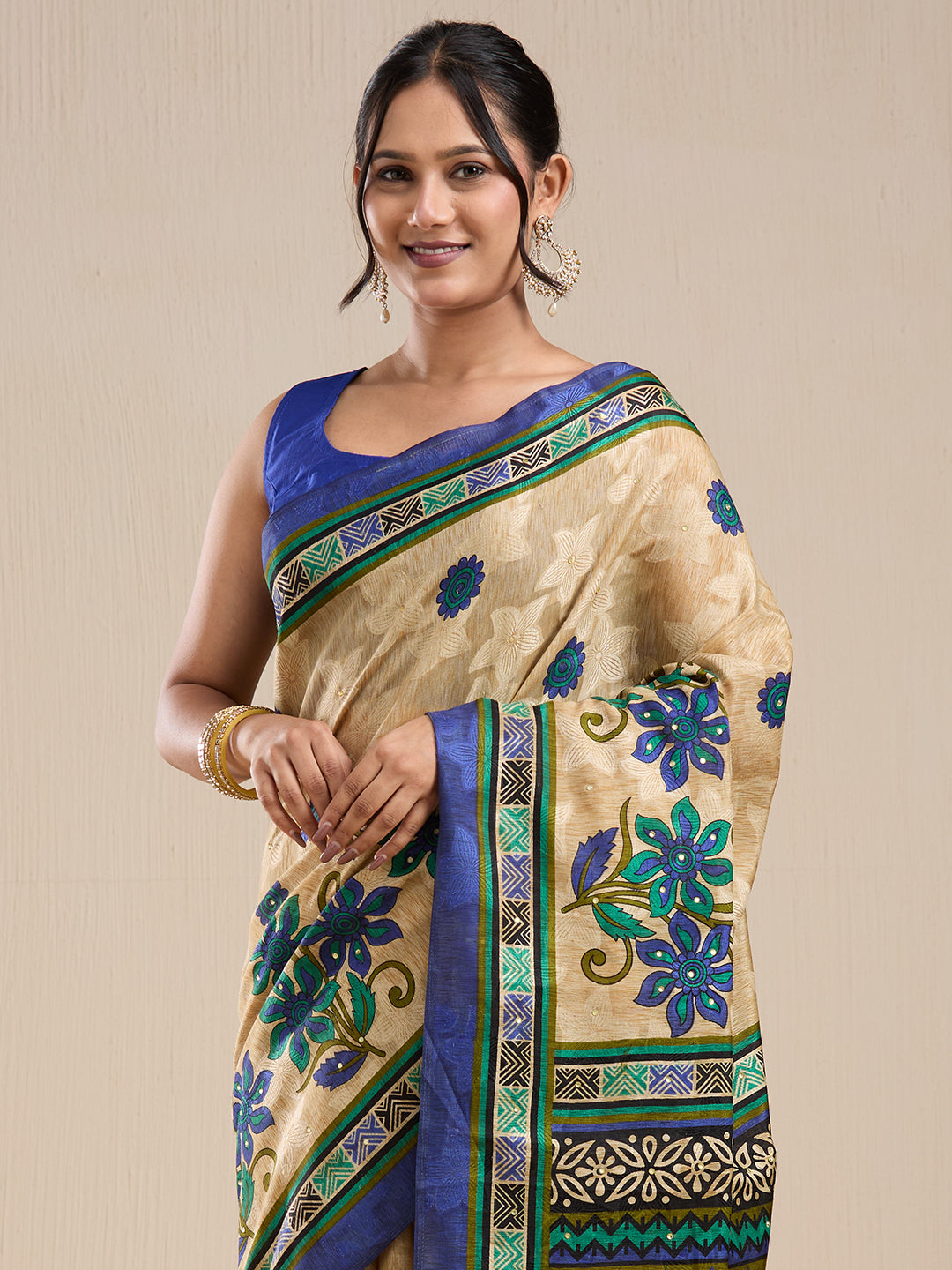 Vervee Couture Beige Silk Blend Saree with Semi Stitched Blouse | EKA