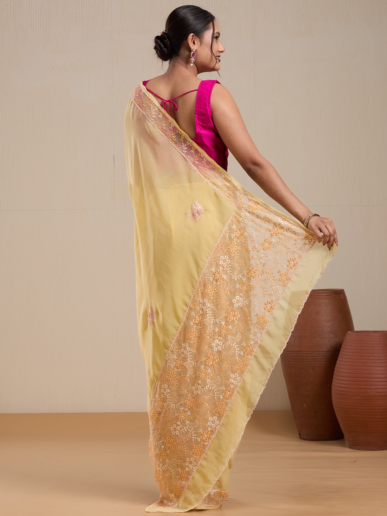 Vervee Couture Yellow Poly Georgette Embellished Saree with Semi Stitched Blouse | EKA