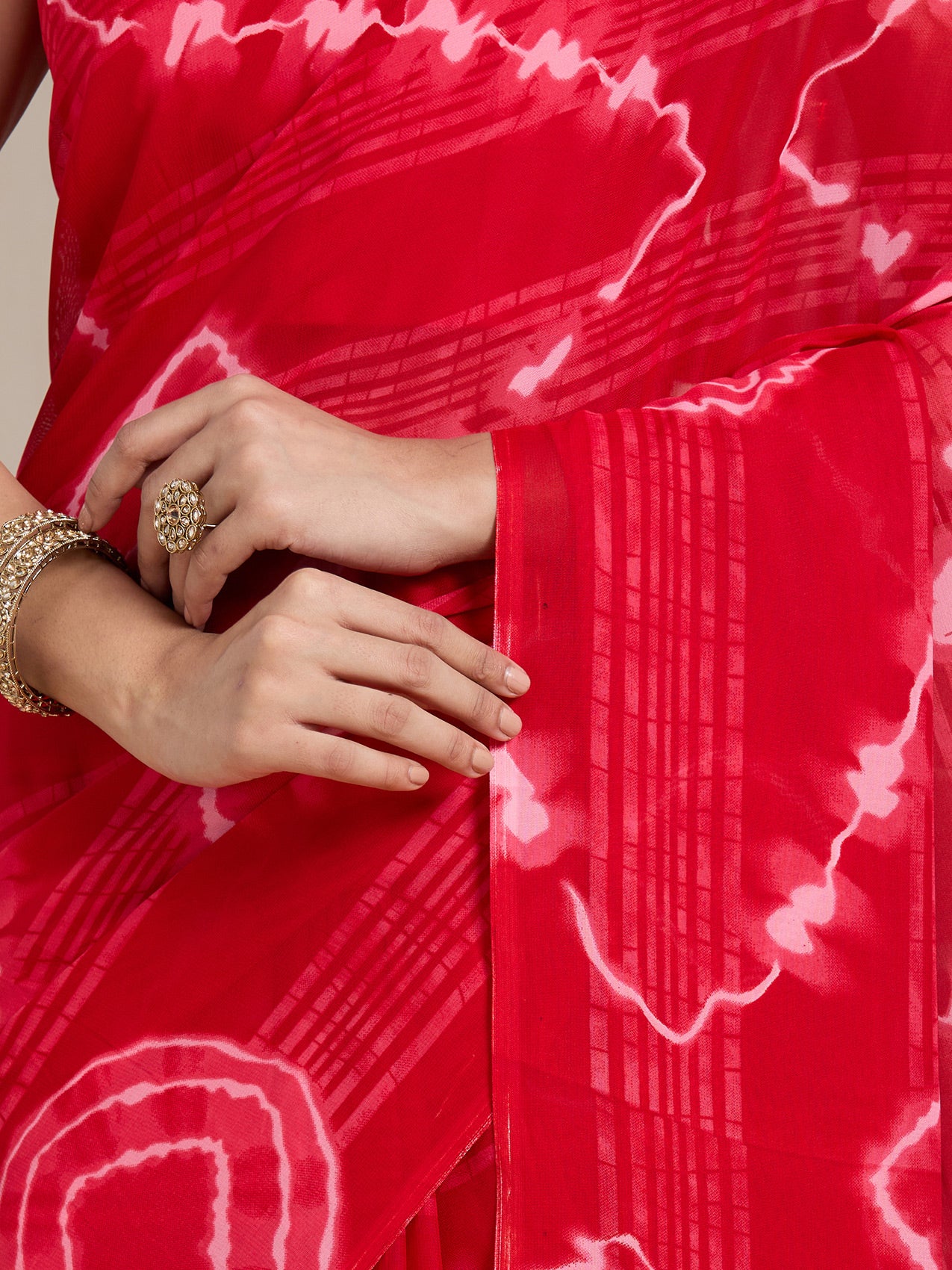 Vervee Couture Red White Shibori Poly Georgette Saree | EKA