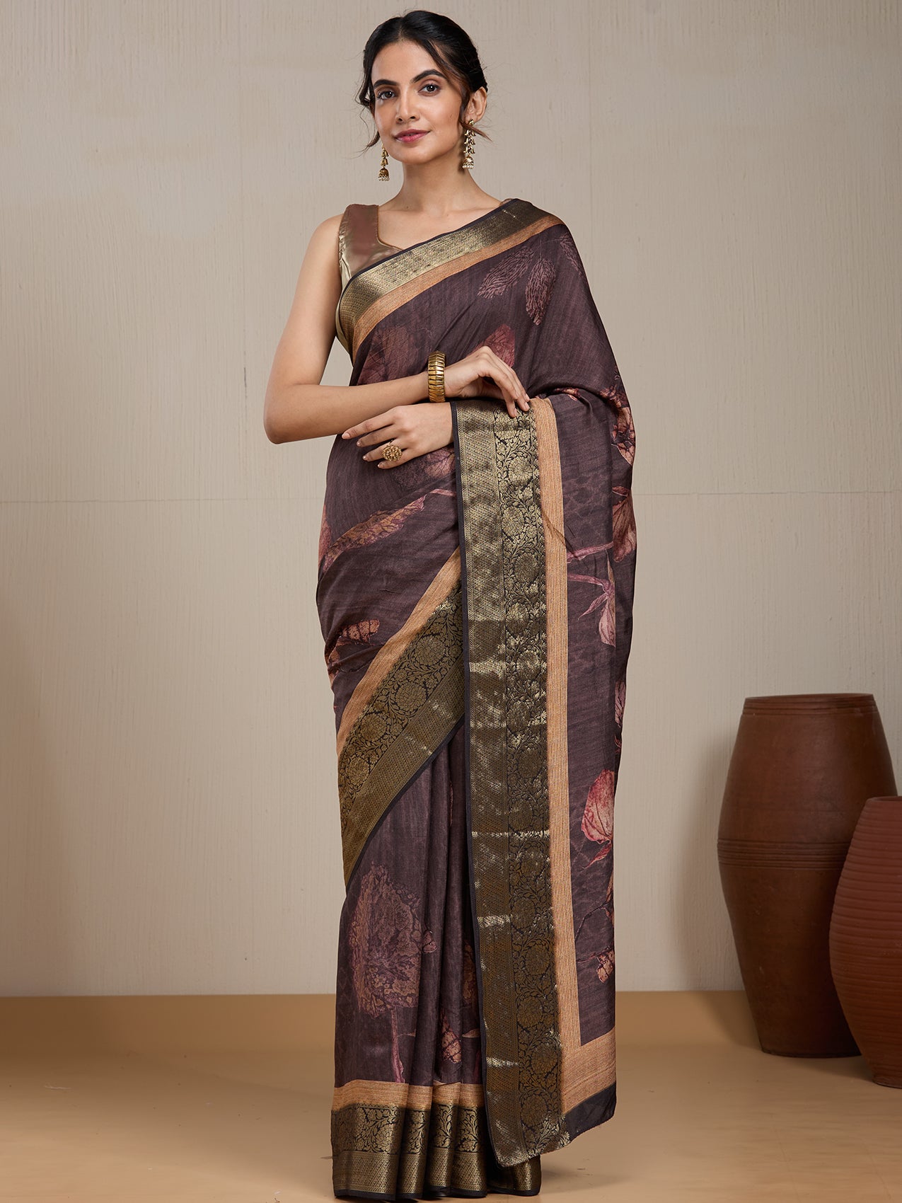 Vervee Couture Coffee Brown Gold Printed Silk Blend Saree with Semi Stitched Blouse | EKA