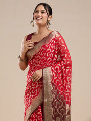 Vervee Couture Red Printed Poly Georgette Saree with Zari Border and Semi Stitched Blouse | EKA
