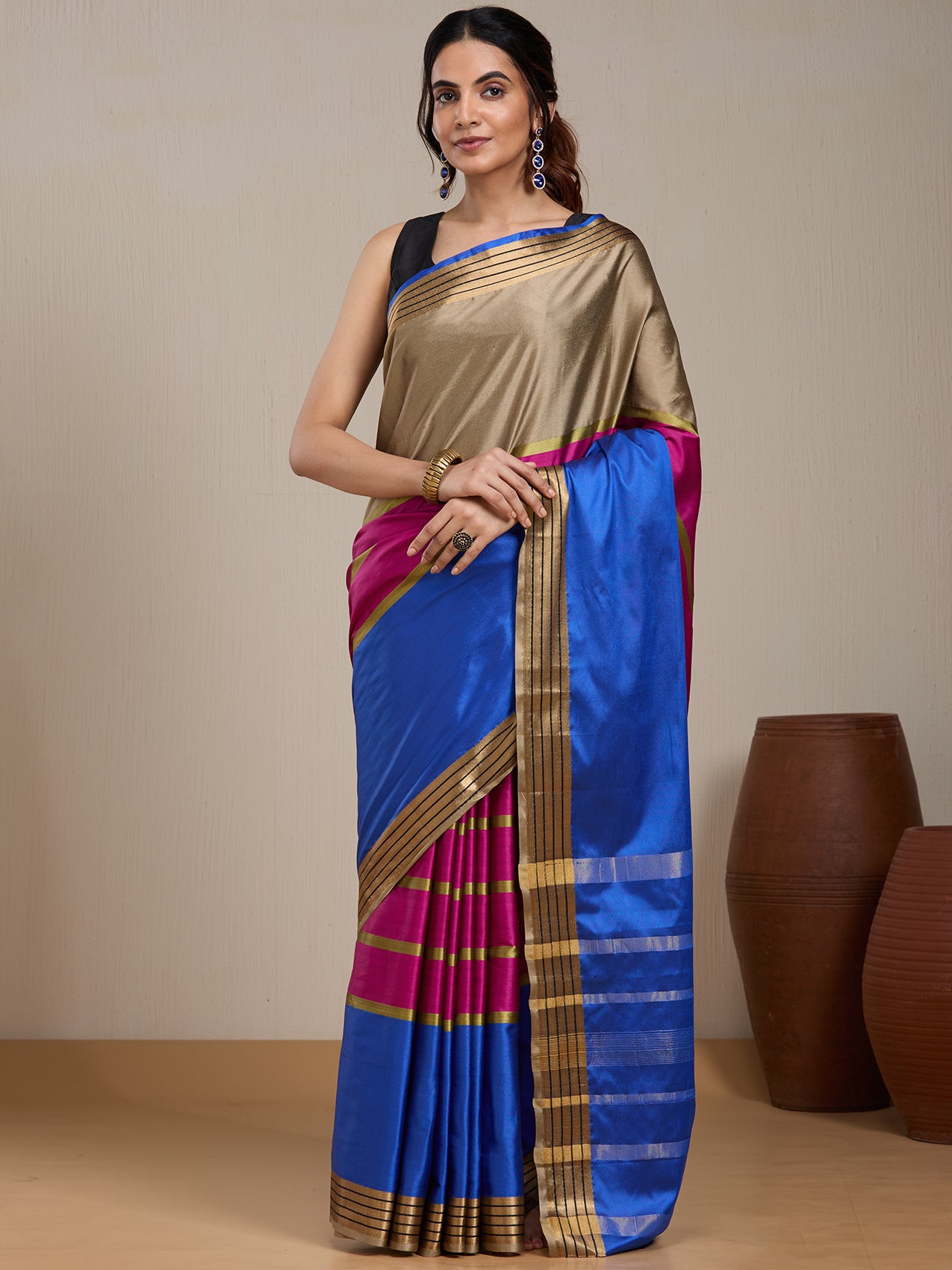 Vervee Couture Blue Pink Silk Blend Saree with Zari Border | EKA