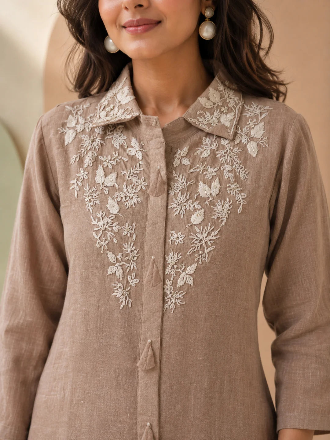 Dusty Rose Co-ord Set with White Thread Embroidery in Mul Chanderi