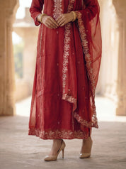 Red Floral Embroidered Mal Chanderi Three Piece Set