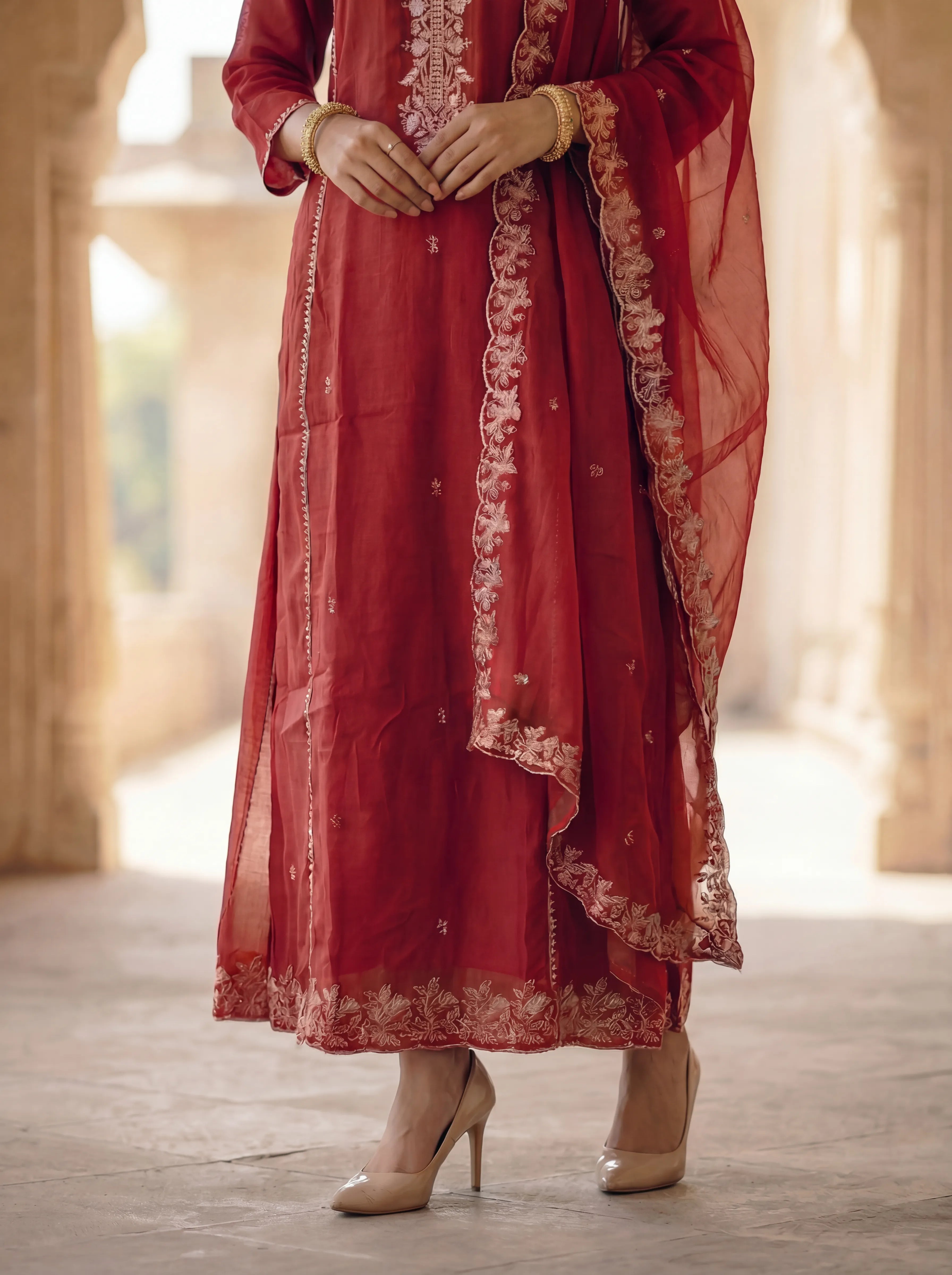 Red Floral Embroidered Mal Chanderi Three Piece Set