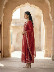 Red Floral Embroidered Mal Chanderi Three Piece Set