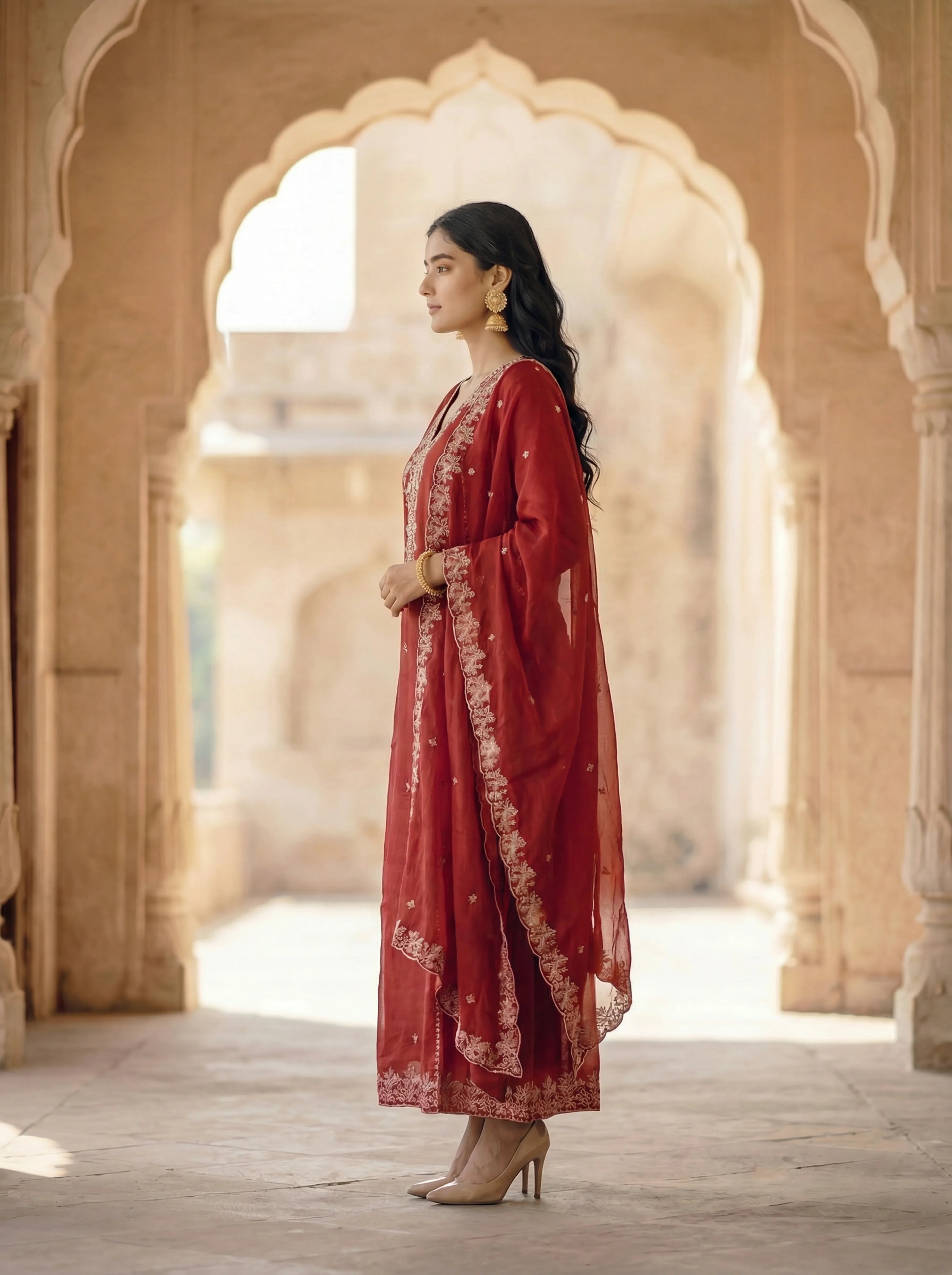 Red Floral Embroidered Mal Chanderi Three Piece Set