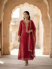 Red Floral Embroidered Mal Chanderi Three Piece Set