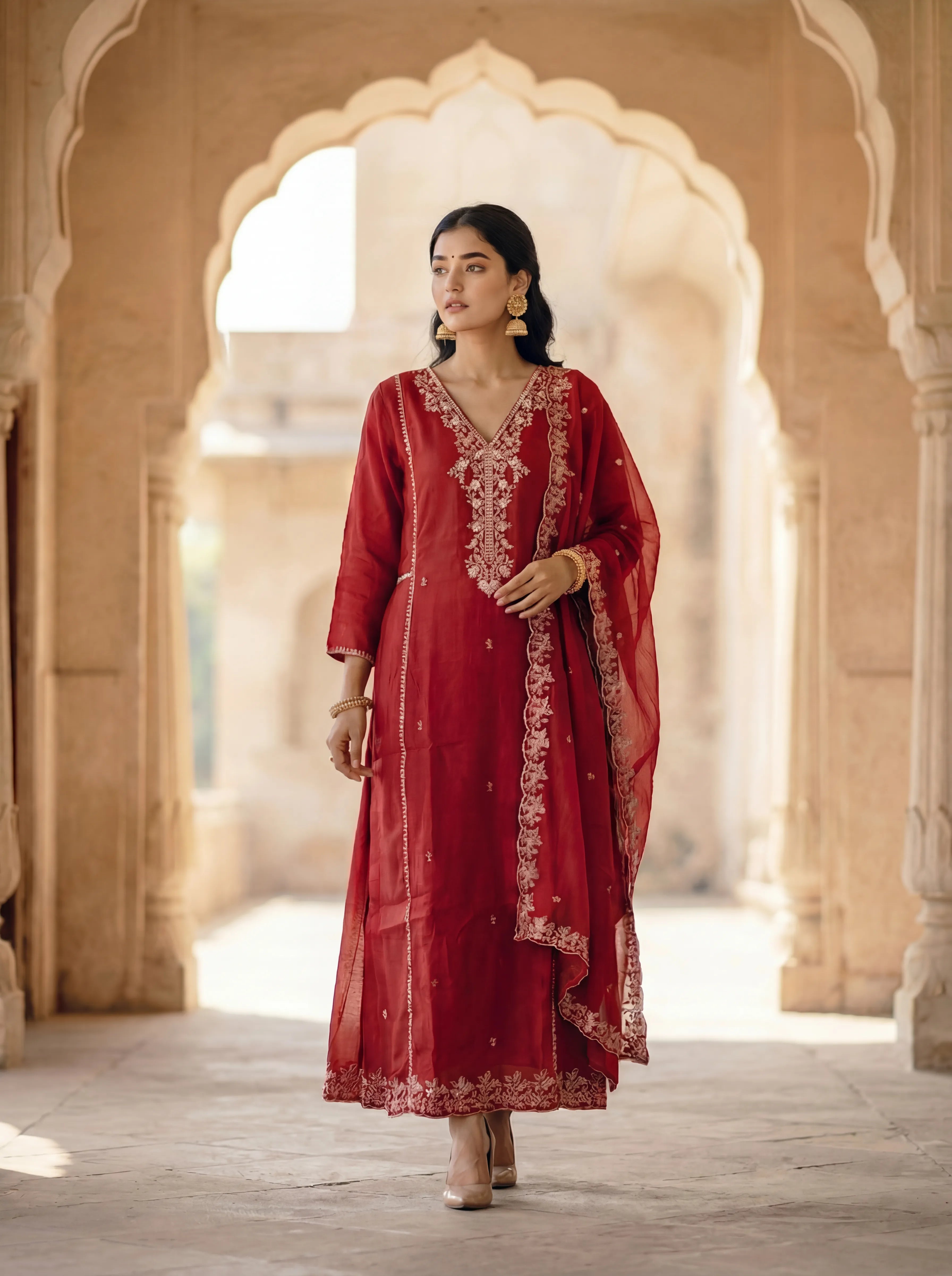 Red Floral Embroidered Mal Chanderi Three Piece Set