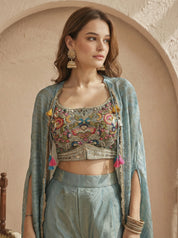 Dusty Blue Embroidered 3 Piece Set in Luxe Crepe