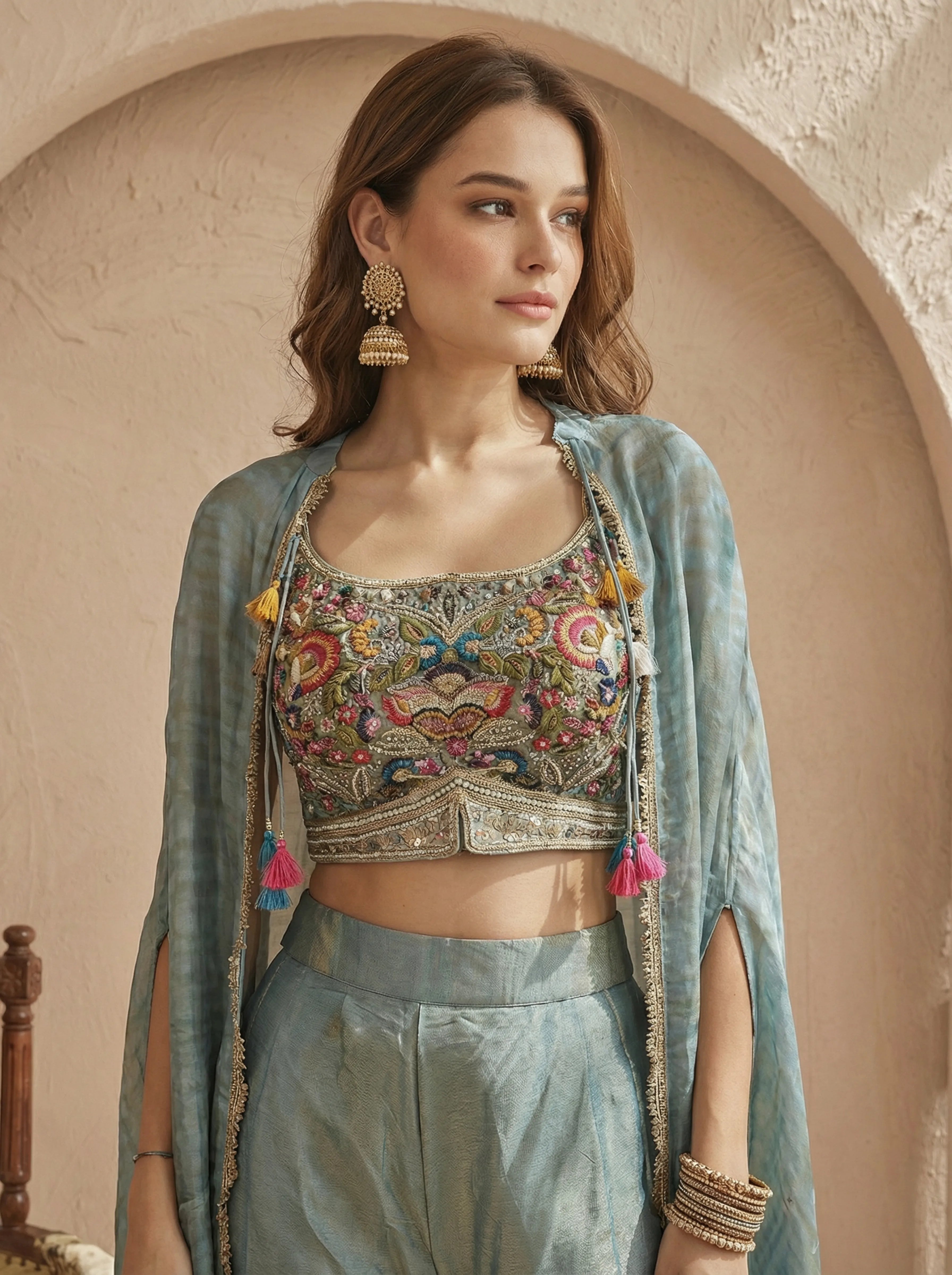 Dusty Blue Embroidered 3 Piece Set in Luxe Crepe