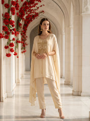 Beige Floral Bead Embroidery Kaftan Co-ord Set in Crepe