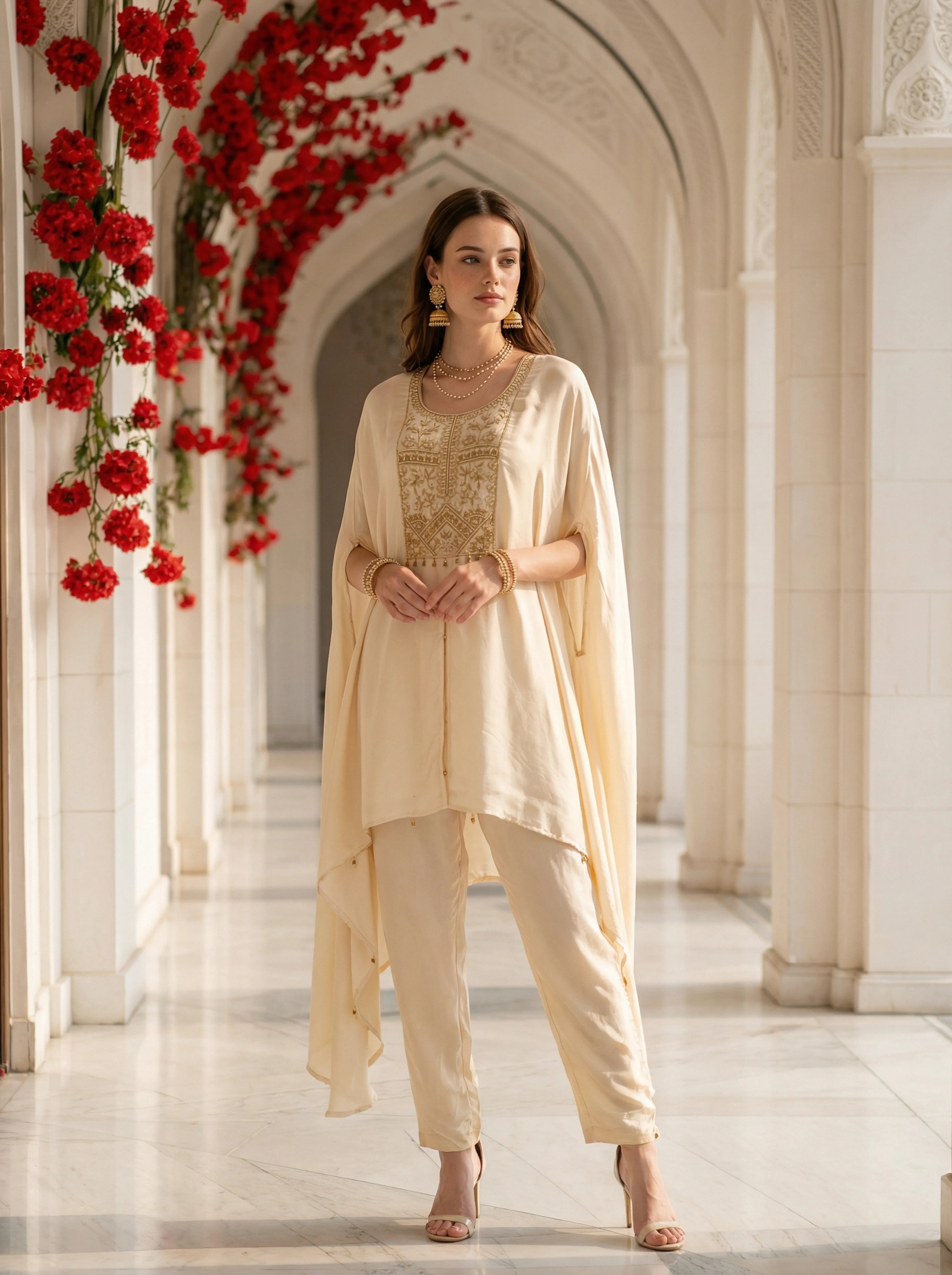 Beige Floral Bead Embroidery Kaftan Co-ord Set in Crepe