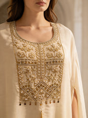 Beige Floral Bead Embroidery Kaftan Co-ord Set in Crepe