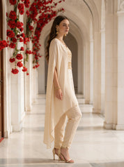 Beige Floral Bead Embroidery Kaftan Co-ord Set in Crepe