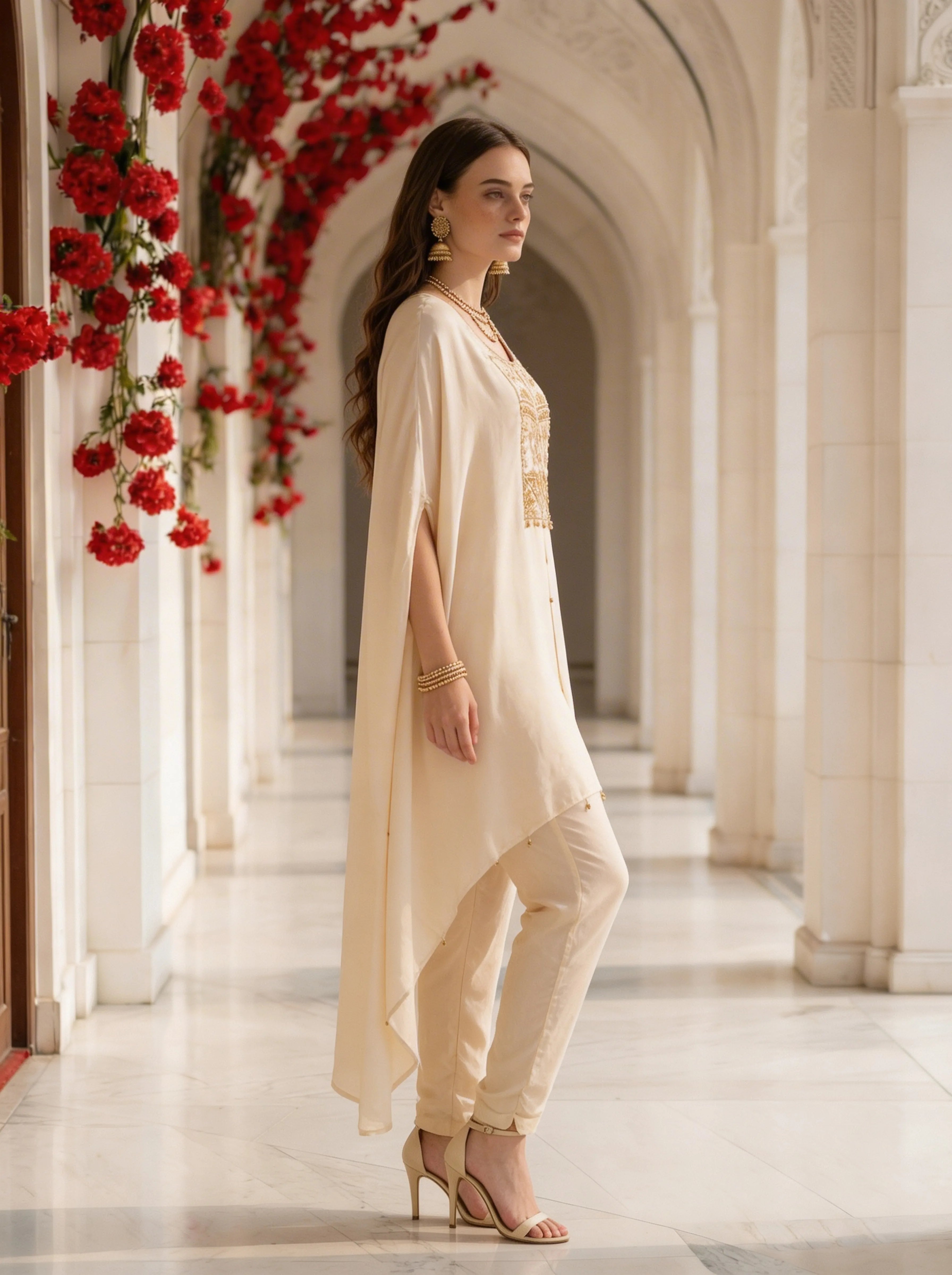 Beige Floral Bead Embroidery Kaftan Co-ord Set in Crepe