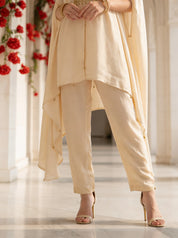 Beige Floral Bead Embroidery Kaftan Co-ord Set in Crepe