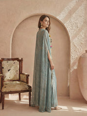 Dusty Blue Embroidered 3 Piece Set in Luxe Crepe