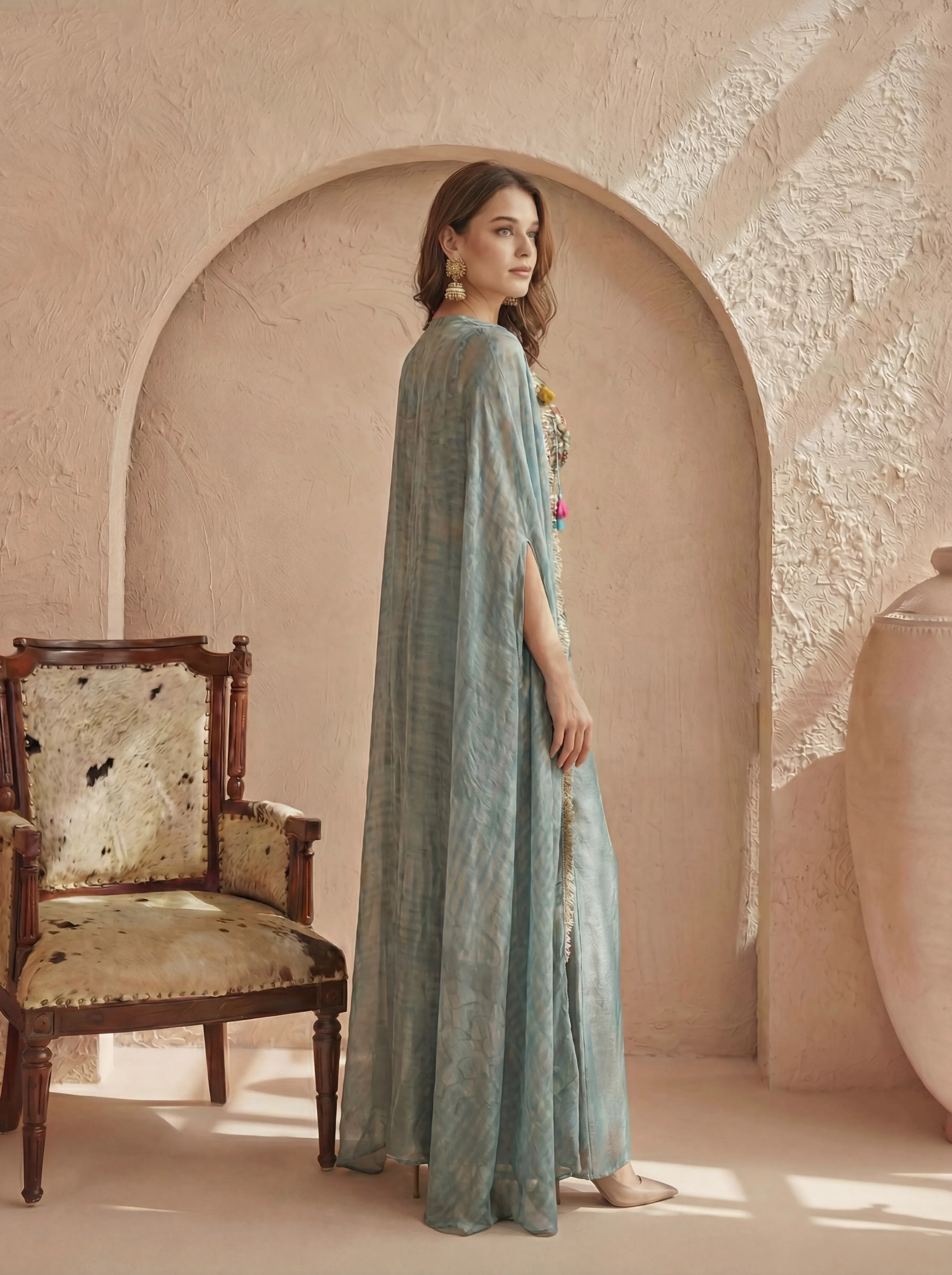 Dusty Blue Embroidered 3 Piece Set in Luxe Crepe