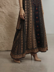 Navy Blue & Maroon Ajrakh Anarkali 3 Piece Set in Crepe