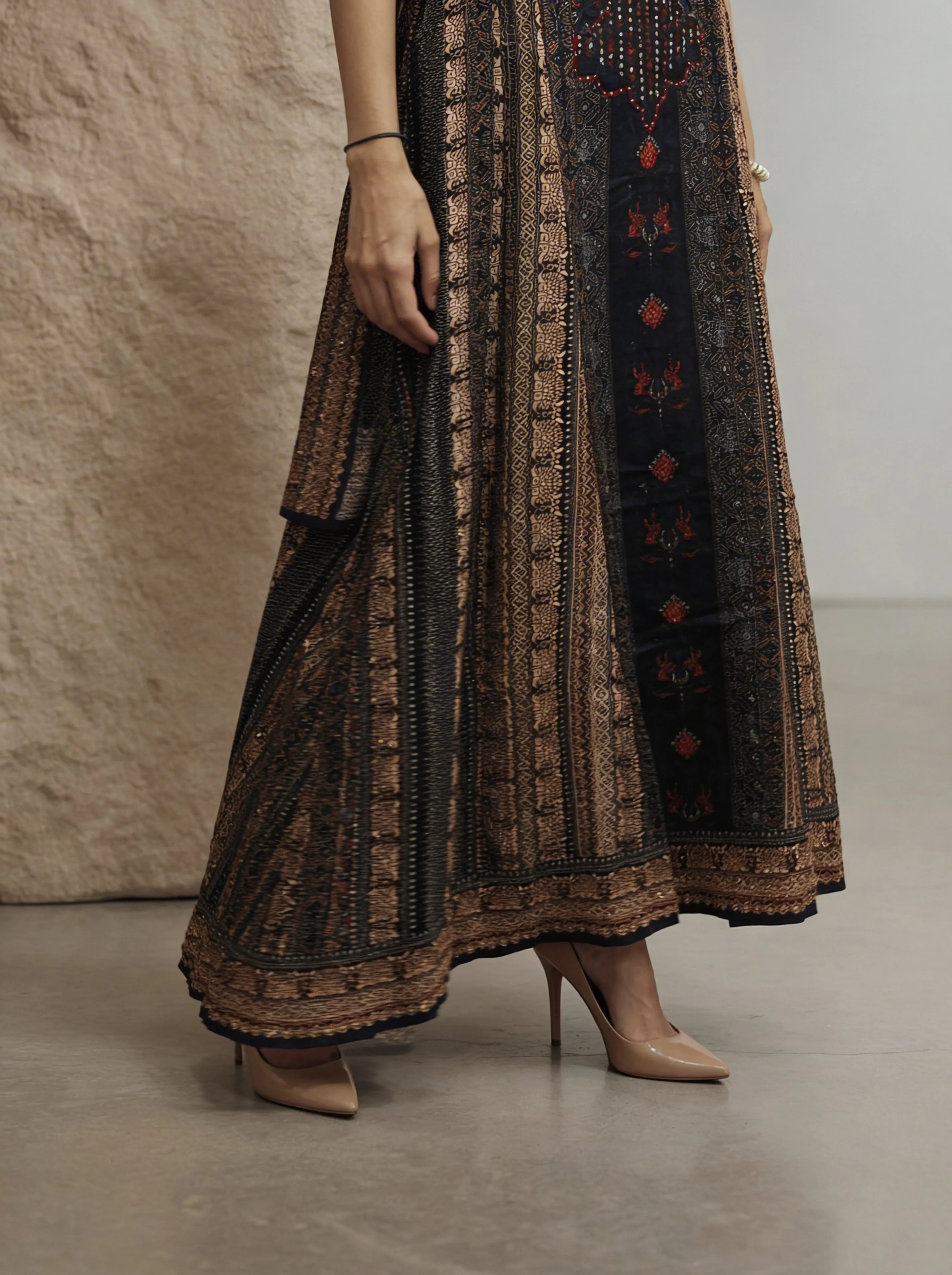 Navy Blue & Maroon Ajrakh Anarkali 3 Piece Set in Crepe