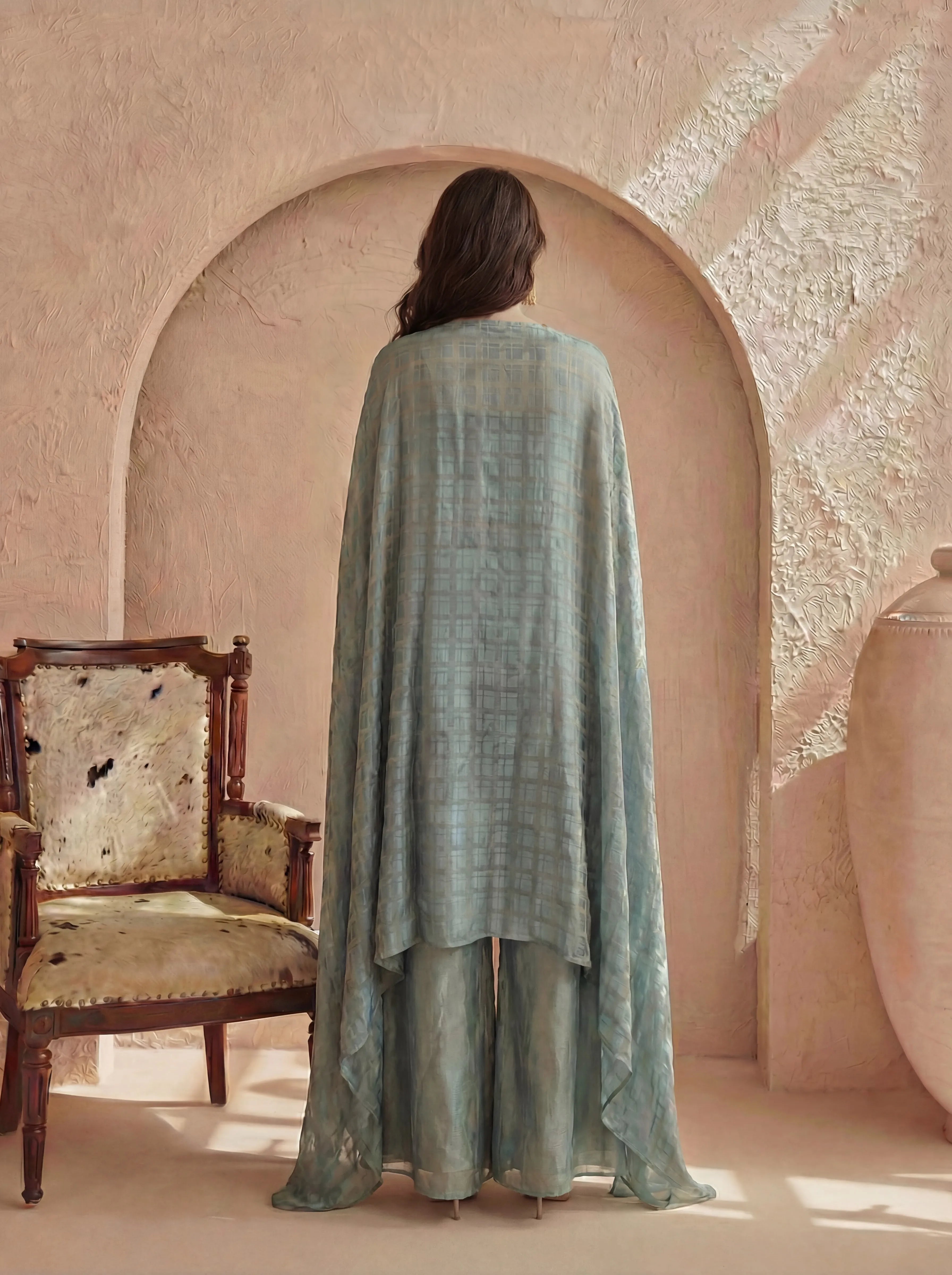 Dusty Blue Embroidered 3 Piece Set in Luxe Crepe