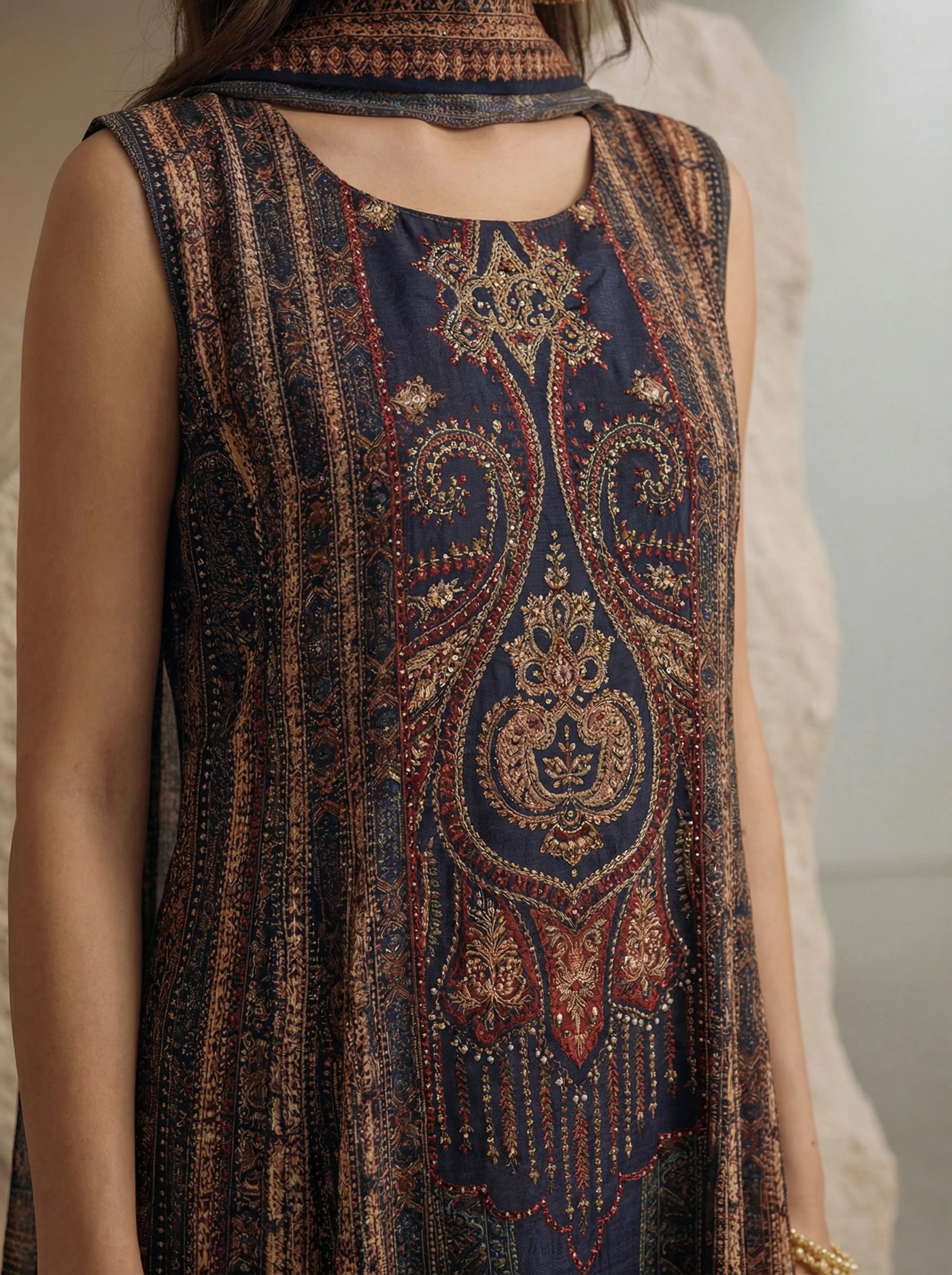 Navy Blue & Maroon Ajrakh Anarkali 3 Piece Set in Crepe