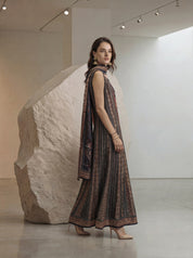 Navy Blue & Maroon Ajrakh Anarkali 3 Piece Set in Crepe