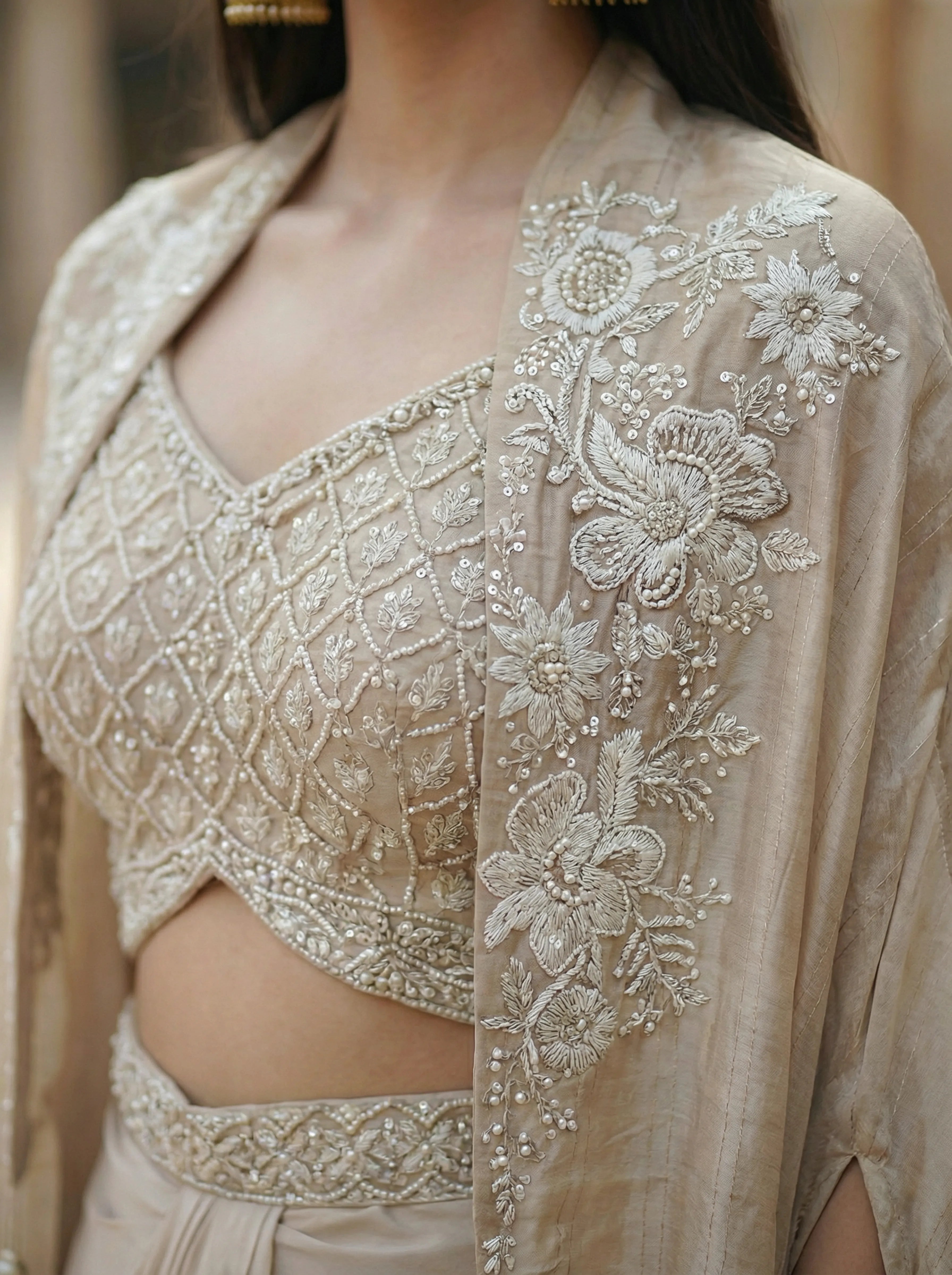 Couture Ivory Draped Skirt 3 Piece Set in Embroidered Crepe