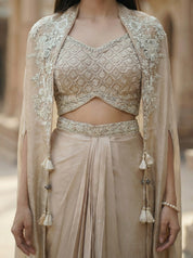 Couture Ivory Draped Skirt 3 Piece Set in Embroidered Crepe