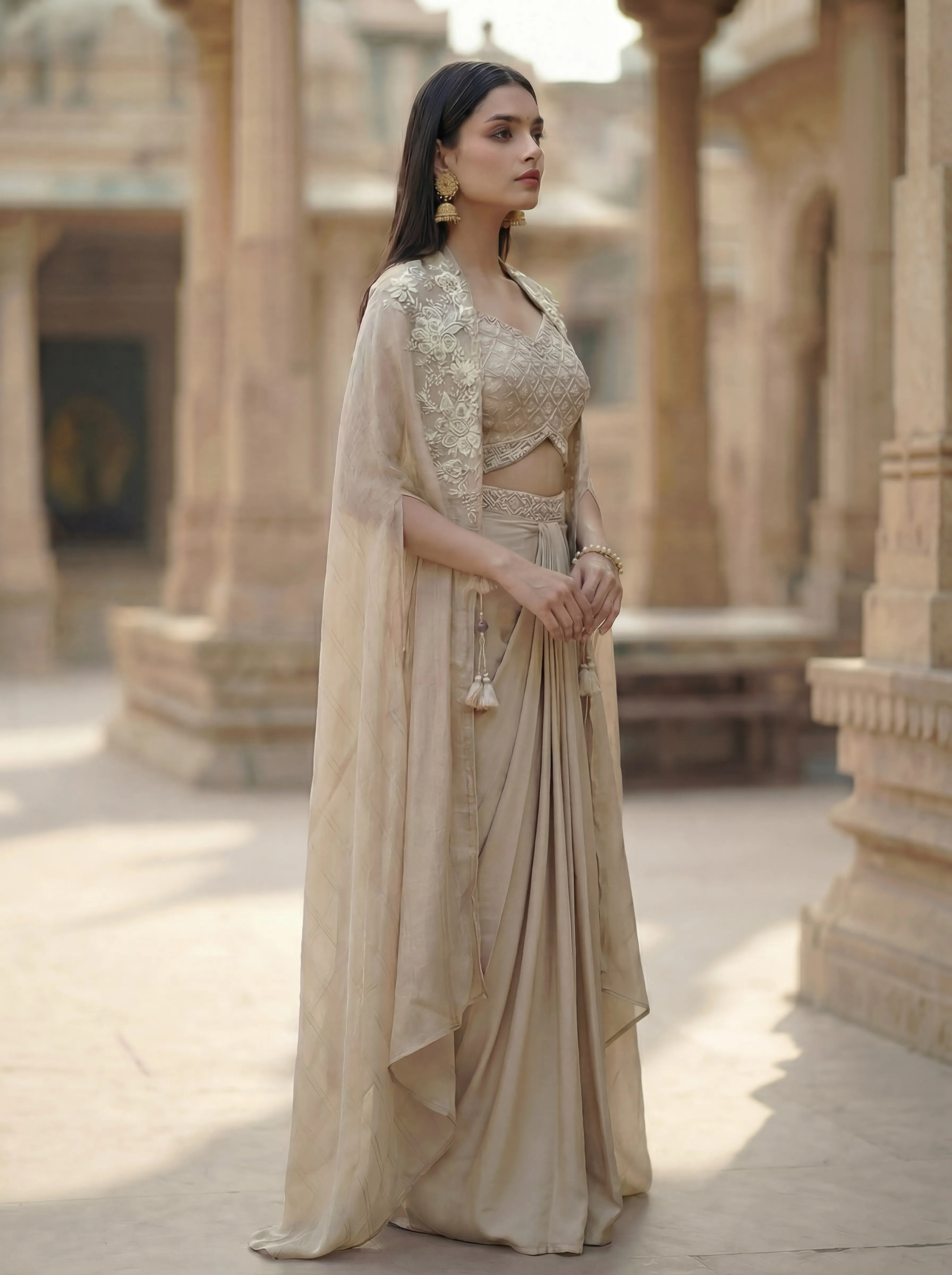 Couture Ivory Draped Skirt 3 Piece Set in Embroidered Crepe