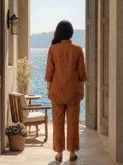 Rust Orange Embroidered Co-ord Set in Rayon Blend