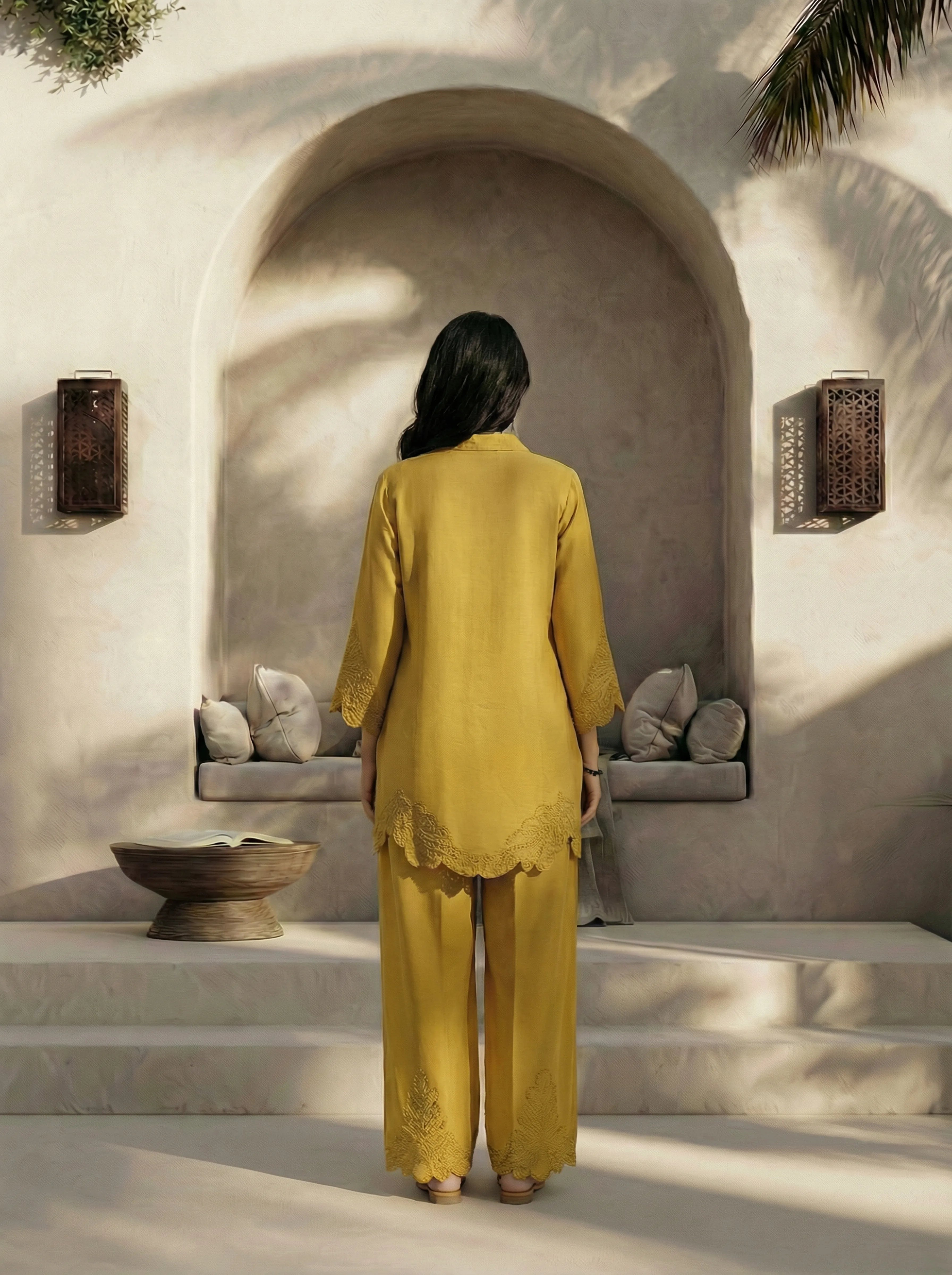 Mustard Yellow Embroidered Co-ord Set in Rayon Blend